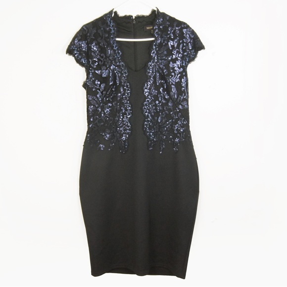 Tadashi Shoji Black Deep Navy Blue Sequin Lace Evening Dress - Picture 1 of 5